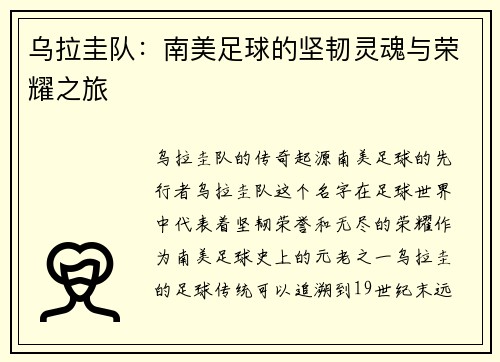 乌拉圭队：南美足球的坚韧灵魂与荣耀之旅