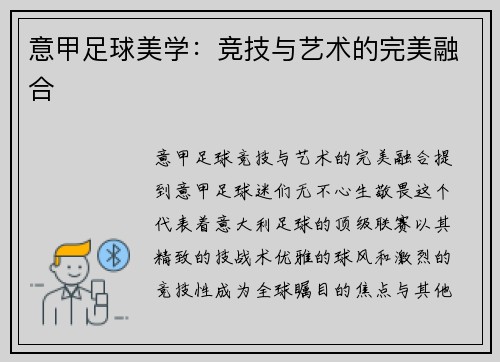 意甲足球美学：竞技与艺术的完美融合
