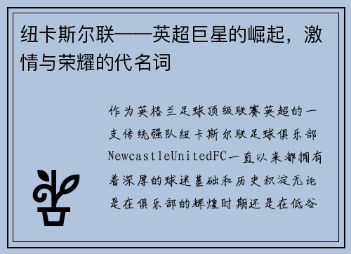 纽卡斯尔联——英超巨星的崛起，激情与荣耀的代名词